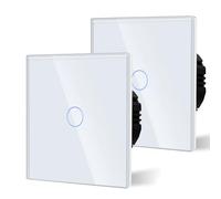 BSEED 1 Gang 2 Voie Interrupteur Général à Commande Tactile, Interrupteur Mural à Commande Tactile Avec Indicateur LED et Panneau en Verre 110V-240V Blanc, 2 Paquets