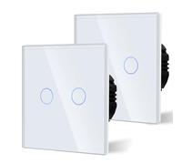 BSEED 2 Gang 2 Voie Interrupteur Général à Commande Tactile, Interrupteur Mural à Commande Tactile Avec Indicateur LED et Panneau en Verre 110V-240V Blanc, 2 Paquets