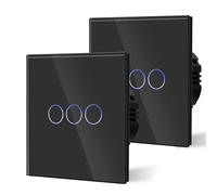 BSEED 3 Gang 2 Voie Interrupteur Général à Commande Tactile, Interrupteur Mural à Commande Tactile Avec Indicateur LED et Panneau en Verre 110V-240V Noir, 2 Paquets