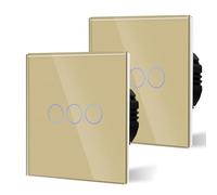 BSEED 3 Gang 2 Voie Interrupteur Général à Commande Tactile, Interrupteur Mural à Commande Tactile Avec Indicateur LED et Panneau en Verre 110V-240V Or, 2 Paquets