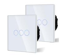 BSEED 3 Gang 2 Voie Interrupteur Général à Commande Tactile, Interrupteur Mural à Commande Tactile Avec Indicateur LED et Panneau en Verre 110V-240V Blanc, 2 Paquets