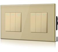 BSEED Double Interrupteur va et vient, Interrupteur à Bascule, Verre Interrupteur Encastrable Bascule,10A 250V Plaque De Cristal Trempé, 157 x 86 mm, 3 Gang 2 Voie Or