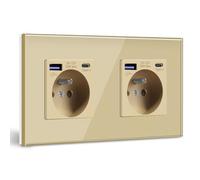 BSEED Double Prise Murale avec USB C PD20W,Prise de courant à Encastrer,16A Prise de Courant Alternatif avec Panneau en Verre,Chargeur Rapide Multiprises avec 1USB C 20W,Idéal pour Maison,Bureau-Or