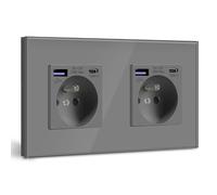 BSEED Double Prise Murale avec USB C PD20W,Prise de courant à Encastrer,16A Prise de Courant Alternatif avec Panneau en Verre,Chargeur Rapide Multiprises avec 1USB C 20W,Idéal pour Maison,Bureau-Gris
