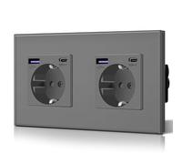 BSEED Double prise murale Schuko 3 en 1 encastrable, en verre, avec ports USB-A et USB-C, puissance de charge rapide de 20 W, installation facile, gris