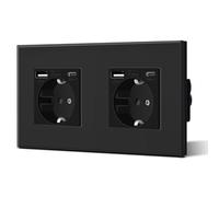 BSEED Double prise murale Schuko en verre, type USB-C, 3-en-1, encastrable, 2 voies, puissance de charge de 2,1 A et adaptateur de type C, prise d’extension de 157 mm (noir)
