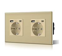 BSEED Double prise murale Schuko en verre, type USB-C, 3-en-1, encastrable, 2 voies, puissance de charge de 2,1 A et adaptateur de type C, prise d’extension de 157 mm (doré)