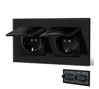 BSEED Double prise Schuko avec couvercle étanche, borne enfichable et encastrée avec plaque en verre cristal, 16 A, 157 mm, noire