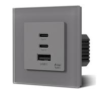 BSEED GaN PD Prise murale 65 W, panneau en verre, prise encastrée avec 2 ports type C et 1 USB-A, 86 mm Gris