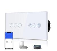 BSEED Intelligent Interrupteur Touch Switch 3 Gang 1 voie avec 1 Gang Minuterie de Volet Roulant, Interrupteur Mural en Verre, Compatible avec Alexa/Google, Blanc