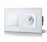 BSEED Interrupteur à Bascule Interrupteur Verre et 16A AC Prise standard français Vitre en Verre 1 Gang 2 voie Interrupteur Mural Blanc