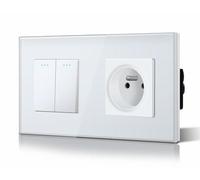 BSEED Interrupteur à Bascule Interrupteur Verre et 16A AC Prise standard français Vitre en Verre 2 Gang 1 voie Interrupteur Mural Blanc