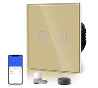 BSEED Interrupteur Connecté Intelligent 2 Gang 1 Voie Interrupteur Tactile (Ligne Neutre Requise) WiFi Interrupteur de Verre 86mm Or