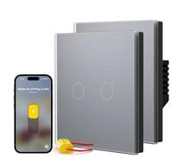 BSEED Interrupteur Connecté Sans Neutre Matter, Interrupteur Tactile,Gris | Tactile en Verre, Protocole Matter, Commande intelligente, Compatibilité avec Alexa/Goo.gle Home,2 Gang 1 Way-2 Paquets