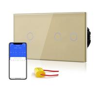 BSEED Interrupteur Connecté Sans Neutre WIFI, Interrupteur Tactile Connecté WIFI 2.4G,Interrupteur Mural avec Panneau en Verre, Compatible avec Google/Tuya/Alexa, 1 Gang et 2 Gang 1 Voie Or 157mm