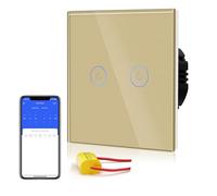 BSEED Interrupteur Connecté Sans Neutre WIFI, Interrupteur Tactile Connecté WIFI 2.4G,Interrupteur Mural avec Panneau en Verre, Compatible avec Google/Tuya/Alexa, 2 Gang 1 Voie Or 86mm