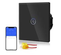 BSEED Interrupteur Connecté Sans Neutre WIFI, Interrupteur Tactile Connecté WIFI 2.4G,Interrupteur Mural avec Panneau en Verre, Compatible avec Google/Tuya/Alexa, 1 Gang 1 Voie Noir 86mm