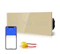 BSEED Interrupteur Connecté Sans Neutre WIFI, Interrupteur Tactile Connecté WIFI 2.4G,Interrupteur Mural avec Panneau en Verre, Compatible avec Google/Tuya/Alexa, Triplé 3 Gang 1 Voie Or 228mm