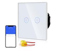 BSEED Interrupteur Connecté Sans Neutre WIFI, Interrupteur Tactile Connecté WIFI 2.4G,Interrupteur Mural avec Panneau en Verre, Compatible avec Google/Tuya/Alexa, 2 Gang 1 Voie Blanc 86mm