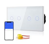 BSEED Interrupteur Connecté Sans Neutre WIFI, Interrupteur Tactile Connecté WIFI 2.4G,Interrupteur Mural avec Panneau en Verre, Compatible avec Google/Tuya/Alexa, Double 2 Gang 1 Voie Blanc 157mm