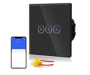 BSEED Interrupteur Connecté Sans Neutre WIFI, Interrupteur Tactile Connecté WIFI 2.4G,Interrupteur Mural avec Panneau en Verre, Compatible avec Google/Tuya/Alexa, 3 Gang 1 Voie Noir 86mm
