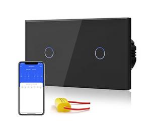 BSEED Interrupteur Connecté Sans Neutre WIFI, Interrupteur Tactile Connecté WIFI 2.4G,Interrupteur Mural avec Panneau en Verre, Compatible avec Google/Tuya/Alexa, Double 1 Gang 1 Voie Noir 157mm