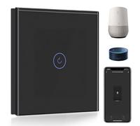 BSEED Interrupteur Connecté WiFi,1 Gang 1 Voie Interrupteur Tactile Mural en Verre WiFi, Compatible avec Alexa et Google Home, Noir (Ligne Neutre Requis)