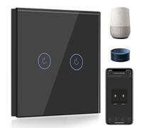 BSEED Interrupteur Connecté WiFi,2 Gang 1 Voie Interrupteur Tactile Mural en Verre WiFi, Compatible avec Alexa et Google Home, Noir (Ligne Neutre Requis)
