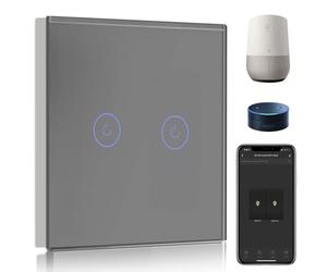 BSEED Interrupteur Connecté WiFi,2 Gang 1 Voie Interrupteur Tactile Mural en Verre WiFi, Compatible avec Alexa et Google Home, Gris (Ligne Neutre Requis)