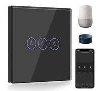 BSEED Interrupteur Connecté WiFi,3 Gang 1 Voie Interrupteur Tactile Mural en Verre WiFi, Compatible avec Alexa et Google Home, Noir (Ligne Neutre Requis)