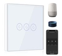 BSEED Interrupteur Connecté WiFi,3 Gang 1 Voie Interrupteur Tactile Mural en Verre WiFi, Compatible avec Alexa et Google Home, Blanc (Ligne Neutre Requis)