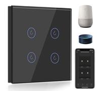 BSEED Interrupteur Connecté WiFi,4 Gang 1 Voie Interrupteur Tactile Mural en Verre WiFi, Compatible avec Alexa et Google Home, Noir (Ligne Neutre Requis)