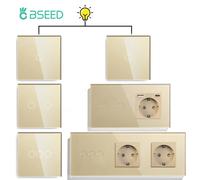 Bseed interrupteur de lumière tactile 1/2/3 gangs 2 voies prise murale type-c Port USB commutateurs de lumière pour escaliers panneau de verre rétro-éclairage bleu 240V Triple Socket