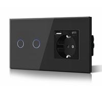 BSEED Interrupteur d'éclairage, prise, encastré, 2 compartiments, 2 voies, prise 3-en-1, puissance de charge USB 2,1 A, adaptateur de type C, station de charge, rallonge en verre, 157 mm, noir