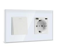 BSEED Interrupteur mural 1 voie avec prise Schuko blanche, 16 A, ports de type C et USB, interrupteur à bouton poussoir 10 A