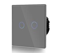 BSEED Interrupteur Tactile 2 Gang 1 Voie Interrupteur Général à Commande Tactile, Interrupteur Mural à Commande Tactile Avec Indicateur LED et Panneau en Verre 110V-240V Gris