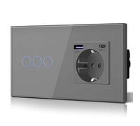 BSEED Interrupteur Tactile 3 Gang 1 Voie avec USB C 20W Chargeur Rapide Prise Schuko Encastrée avec Sécurité Enfant - Gris