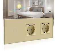 BSEED Interrupteur tactile avec prise USB (maximum 2,1 A) Port de type C, 1 gang 2 voies, Interrupteur mural avec double prise, Interrupteur tactile avec cadre en verre 228 mm Doré 500 W
