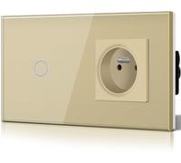 BSEED Interrupteur Tactile avec Socle en Verre Schuko Standard France Prises 1 Gang 2 voie Interrupteur Mural à Interrupteur Tactile en Verre Design Or