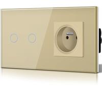 BSEED Interrupteur Tactile avec Socle en Verre Schuko Standard France Prises 2 Gang 1 voie Interrupteur Mural à Interrupteur Tactile en Verre Design Or