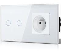 BSEED Interrupteur Tactile avec Socle en Verre Schuko Standard France Prises 2 Gang 1 voie Interrupteur Mural à Interrupteur Tactile en Verre Design Blanc
