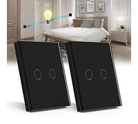 BSEED Interrupteur Tactile va et vient,Noir 2 Gang 2 Voie Commutateur de Lumière avec LED Affichage Light,Interrupteur Tactile avec Capteur Tactile Panneau Verre Cristal-Pas de fil Neutre-2 Pack