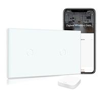 BSEED Interrupteur Tactile Zigbee, Interrupteur Connecté Alexa, Panneau en VERRE, Contrôle Vocal, Passerelle Zigbee Requise (non incluse), 1 Gang+1 Gang, Blanc