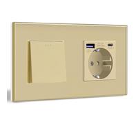 BSEED Lichtschalter mit Steckdose Schuko Unterputz Steckdose mit USB C 20W Schnellladegerät USB Type C 1 Fach 1 Weg Taste Schalter mit Glas Rahmen Wandsteckdose Geeignet für Phone, Pad-Golden