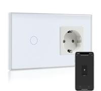 BSEED Normal Steckdose mit Smart Alexa Lichtschalter,Kompatibel mit Alexa,Google Home, Glas Touchscreen-schalter,Smart Lichtschalter 1 Fach 1 Weg 16Amp Steckdose Weiß (Neutrale Leitung benötigt)
