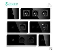 BSEED norme ue 1/2/3Gang 2 voies interrupteur tactile mural capteur de lumière commutateurs prise murale USB type-c panneau de verre cristal 240V noir Triple Socket
