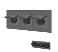 BSEED Prise 3 prises avec couvercle étanche, prise Schuko avec borne enfichable, prise encastrée avec plaque en verre cristal, 3 prises encastrées 16 A, prise murale 228 mm, gris