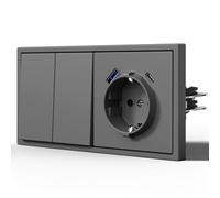 BSEED Prise allemande Plastique, Schuko avec Interrupteur, La prise avec deux broches rondes, 2 Gang 2 Way avec 20W USB C Schuko, Gris