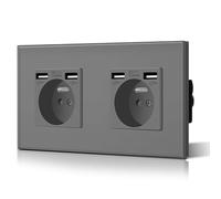 BSEED Prise de courant avec USB 2.1A, Prise Murale en verre cristal, Prise Encastrable pour Bureau Domicile 16Amp 240V 157mm Gris