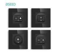 BSEED-Prise de courant murale avec cadre en verre, port TV RJ45, prise Internet, prise satellite, document noir pour TV, téléphone, ordinateur